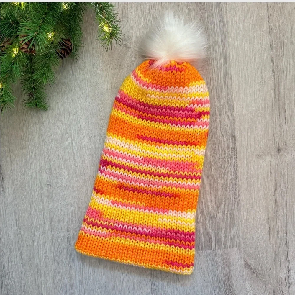 Handmade Knit Winter Beanie Hat Yellow/Orange/Pink